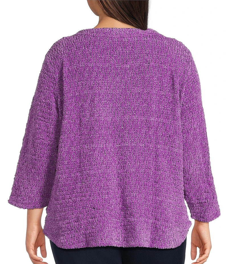 Allison Daley Plus Size Metallic Chenille 3/4 Sleeve O-Ring Keyhole Knit Top