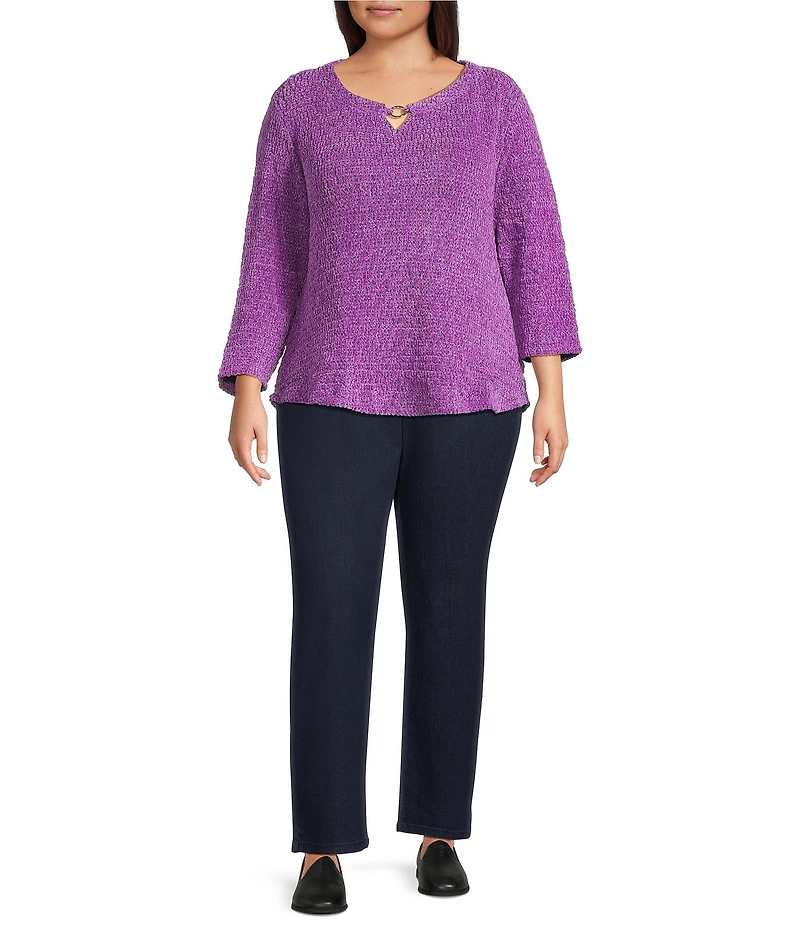 Allison Daley Plus Size Metallic Chenille 3/4 Sleeve O-Ring Keyhole Knit Top