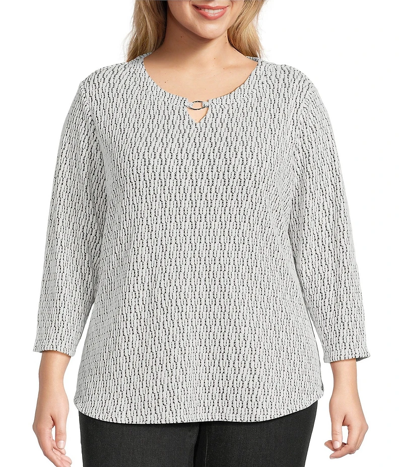 Allison Daley Plus Size Metallic Snow White Black 3/4 Sleeve Crew Neck Knit Top