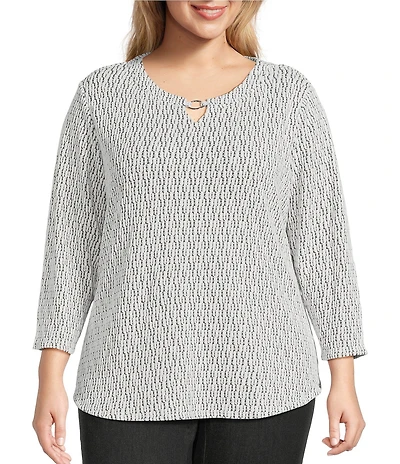 Allison Daley Plus Size Metallic Snow White Black 3/4 Sleeve Crew Neck Knit Top