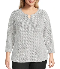 Allison Daley Plus Size Metallic Snow White Black 3/4 Sleeve Crew Neck Knit Top