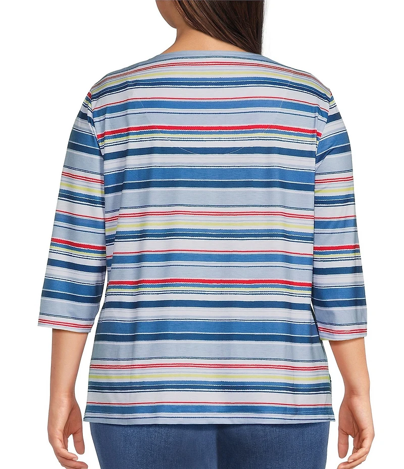 Allison Daley Plus Size Miter Stripe 3/4 Sleeve V-Neck Knit Top