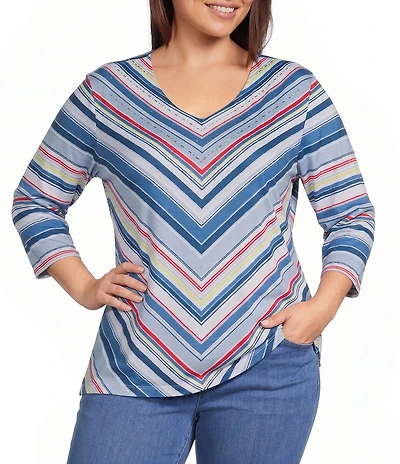 Allison Daley Plus Size Miter Stripe 3/4 Sleeve V-Neck Knit Top