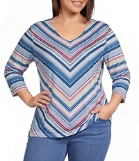 Allison Daley Plus Size Miter Stripe 3/4 Sleeve V-Neck Knit Top