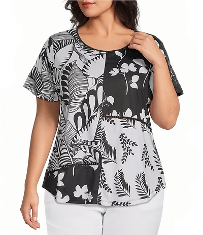 Allison Daley Plus Size Mixed Floral Print Short Sleeve Crew Neck Knit Top