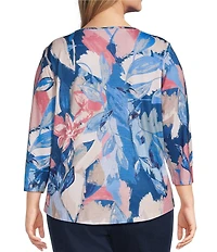 Allison Daley Plus Size Mosaic Floral Print 3/4 Sleeve Scoop Neck Knit Top