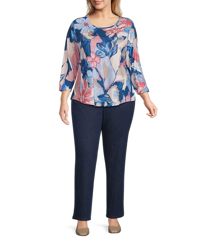 Allison Daley Plus Size Mosaic Floral Print 3/4 Sleeve Scoop Neck Knit Top