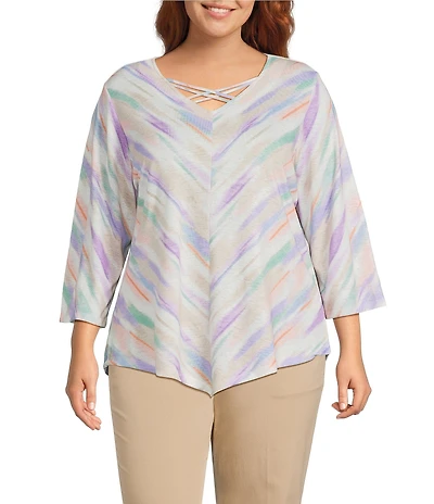 Allison Daley Plus Size Multi Brush Stripe 3/4 Sleeve Crisscross V-Neck Knit Top