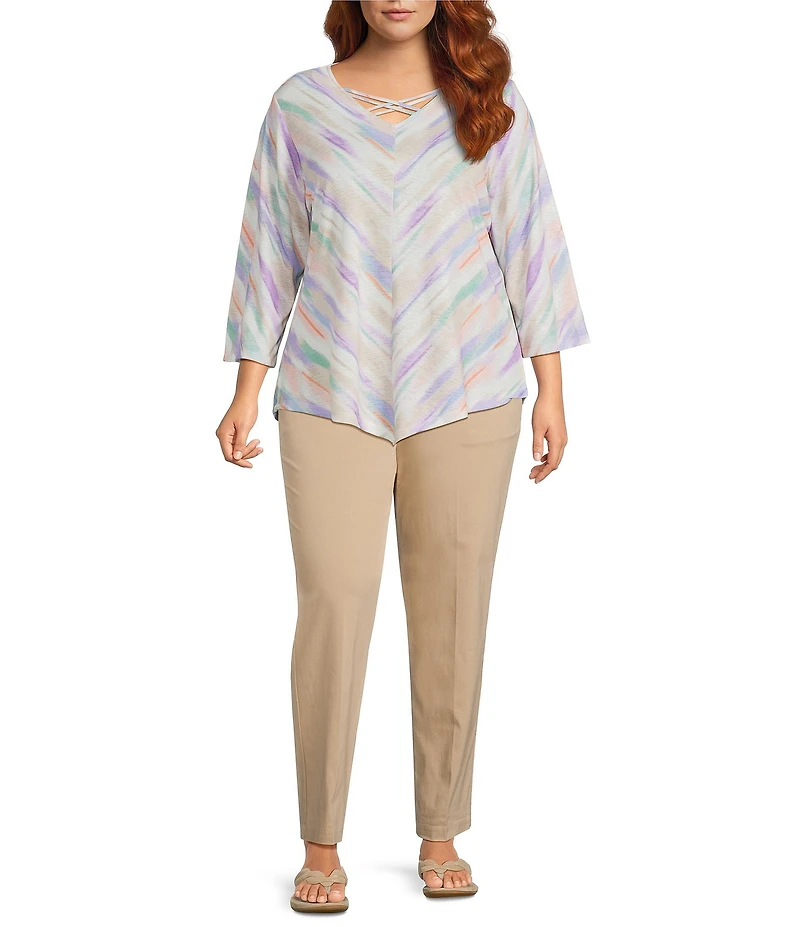 Allison Daley Plus Size Multi Brush Stripe 3/4 Sleeve Crisscross V-Neck Knit Top