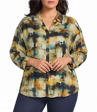 Allison Daley Plus Size Multi Check 3/4 Sleeve Button Front Point Collar Blouse