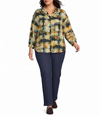 Allison Daley Plus Size Multi Check 3/4 Sleeve Button Front Point Collar Blouse