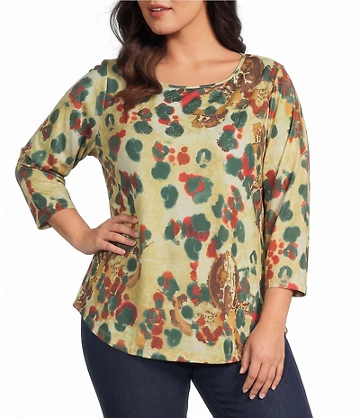 Allison Daley Plus Size Multi Spot 3/4 Sleeve Boat Neck Knit Top