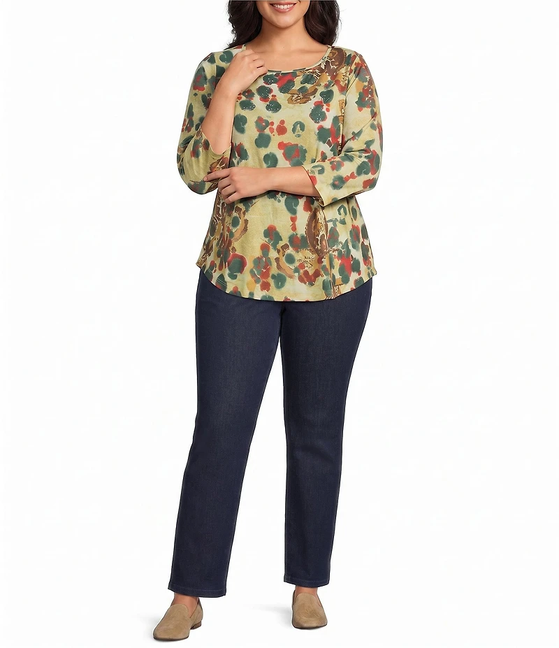 Allison Daley Plus Size Multi Spot 3/4 Sleeve Boat Neck Knit Top