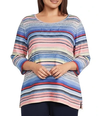 Allison Daley Plus Size Multi Stripe 3/4 Sleeve Crew Neck Scuba Knit Embellished Top