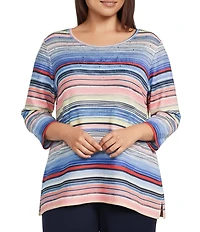 Allison Daley Plus Size Multi Stripe 3/4 Sleeve Crew Neck Scuba Knit Embellished Top