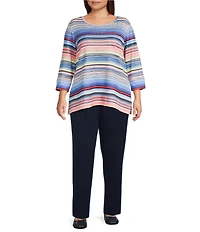 Allison Daley Plus Size Multi Stripe 3/4 Sleeve Crew Neck Scuba Knit Embellished Top