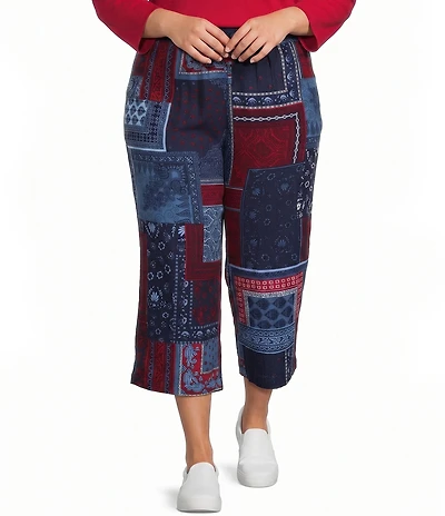 Allison Daley Plus Size Navy Bandana Patchwork Pull-On Crinkle Soft Crop Pants