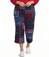 Allison Daley Plus Size Navy Bandana Patchwork Pull-On Crinkle Soft Crop Pants