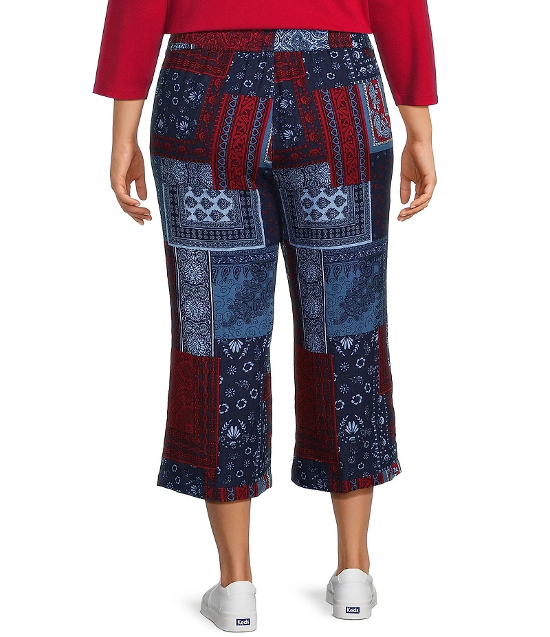 Allison Daley Plus Size Navy Bandana Patchwork Pull-On Crinkle Soft Crop Pants