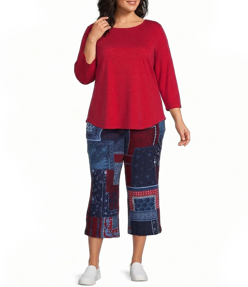 Allison Daley Plus Size Navy Bandana Patchwork Pull-On Crinkle Soft Crop Pants