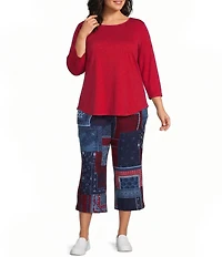 Allison Daley Plus Size Navy Bandana Patchwork Pull-On Crinkle Soft Crop Pants