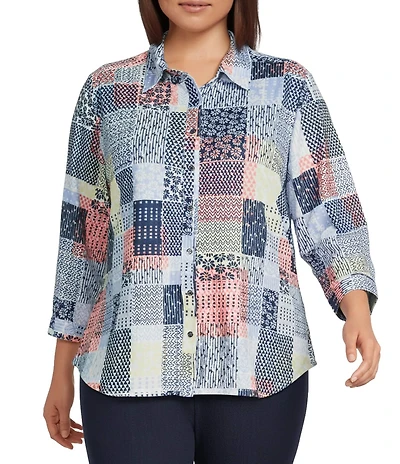 Allison Daley Plus Size Patchwork Print 3/4 Sleeve Point Collar Button Front Shirt