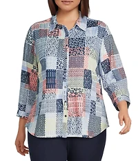 Allison Daley Plus Size Patchwork Print 3/4 Sleeve Point Collar Button Front Shirt