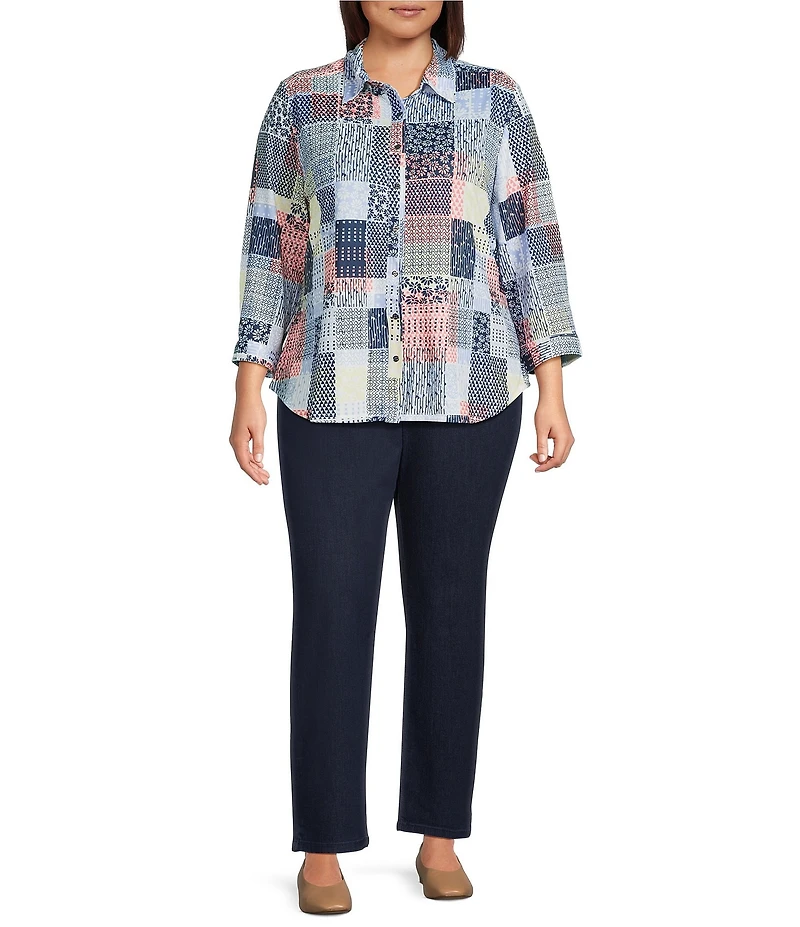 Allison Daley Plus Size Patchwork Print 3/4 Sleeve Point Collar Button Front Shirt