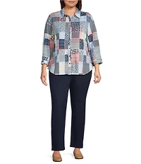 Allison Daley Plus Size Patchwork Print 3/4 Sleeve Point Collar Button Front Shirt