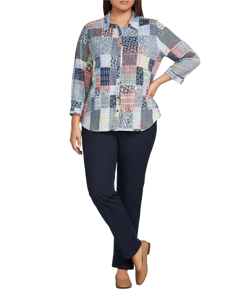 Allison Daley Plus Size Patchwork Print 3/4 Sleeve Point Collar Button Front Shirt
