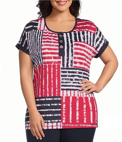 Allison Daley Plus Size Patchwork Stripe Short Sleeve Crew Neck Knit Top