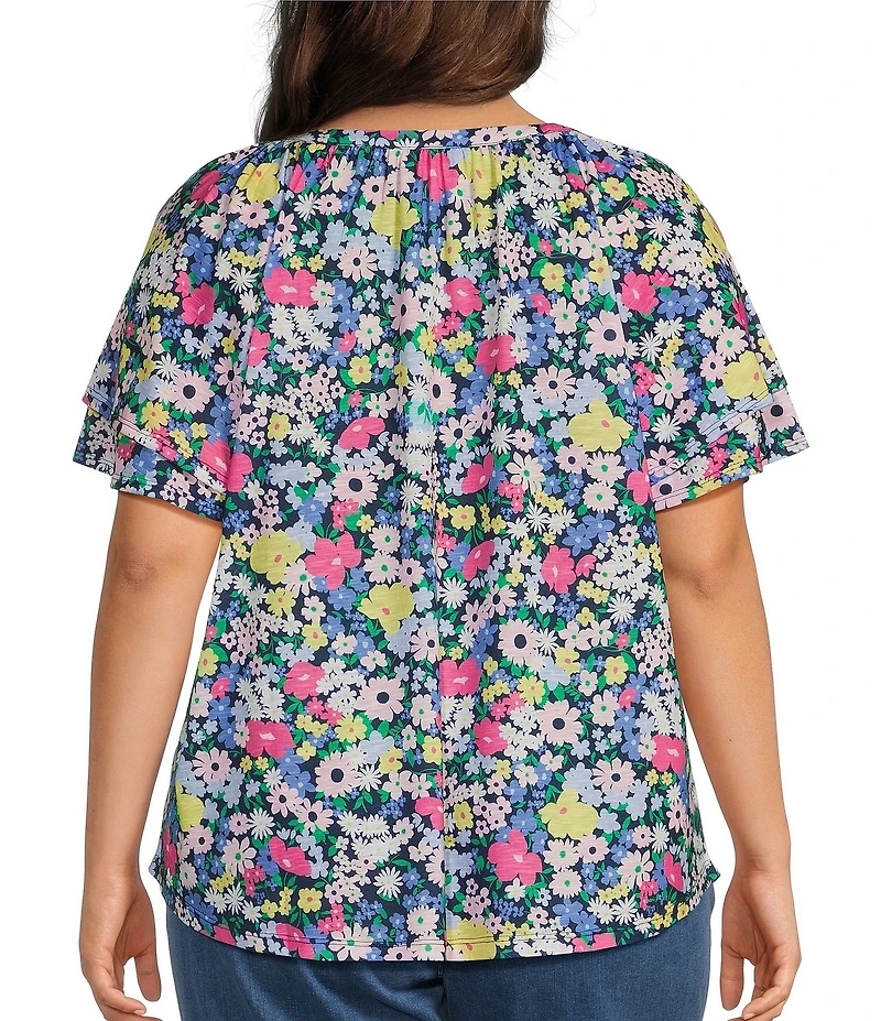 Allison Daley Plus Size Picnic Bouquet Print Flutter Sleeve Tassel Tie Neck Knit Top
