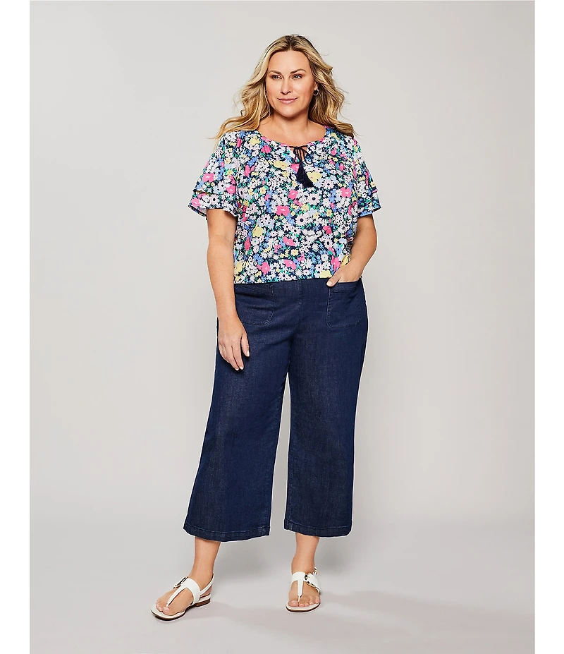 Allison Daley Plus Size Picnic Bouquet Print Flutter Sleeve Tassel Tie Neck Knit Top
