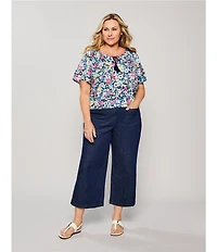 Allison Daley Plus Size Picnic Bouquet Print Flutter Sleeve Tassel Tie Neck Knit Top