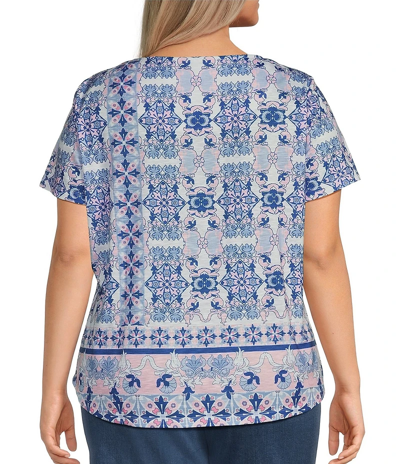 Allison Daley Plus Size Pink Folk Tile Print Short Sleeve Keyhole Neck Knit Top