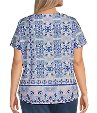 Allison Daley Plus Size Pink Folk Tile Print Short Sleeve Keyhole Neck Knit Top