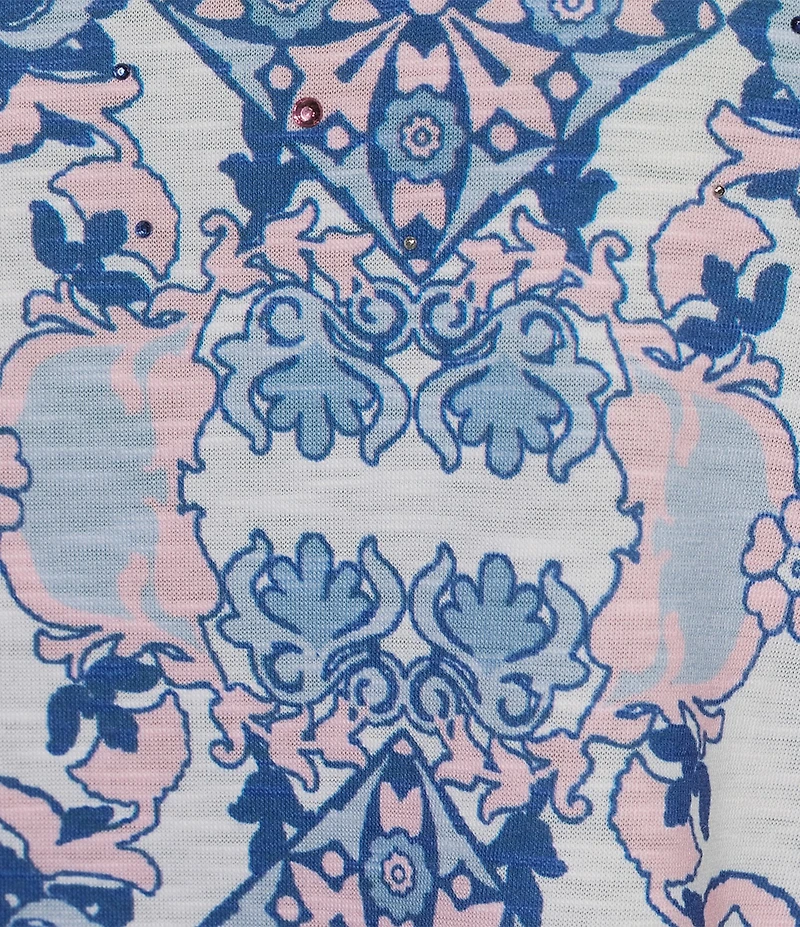 Allison Daley Plus Size Pink Folk Tile Print Short Sleeve Keyhole Neck Knit Top