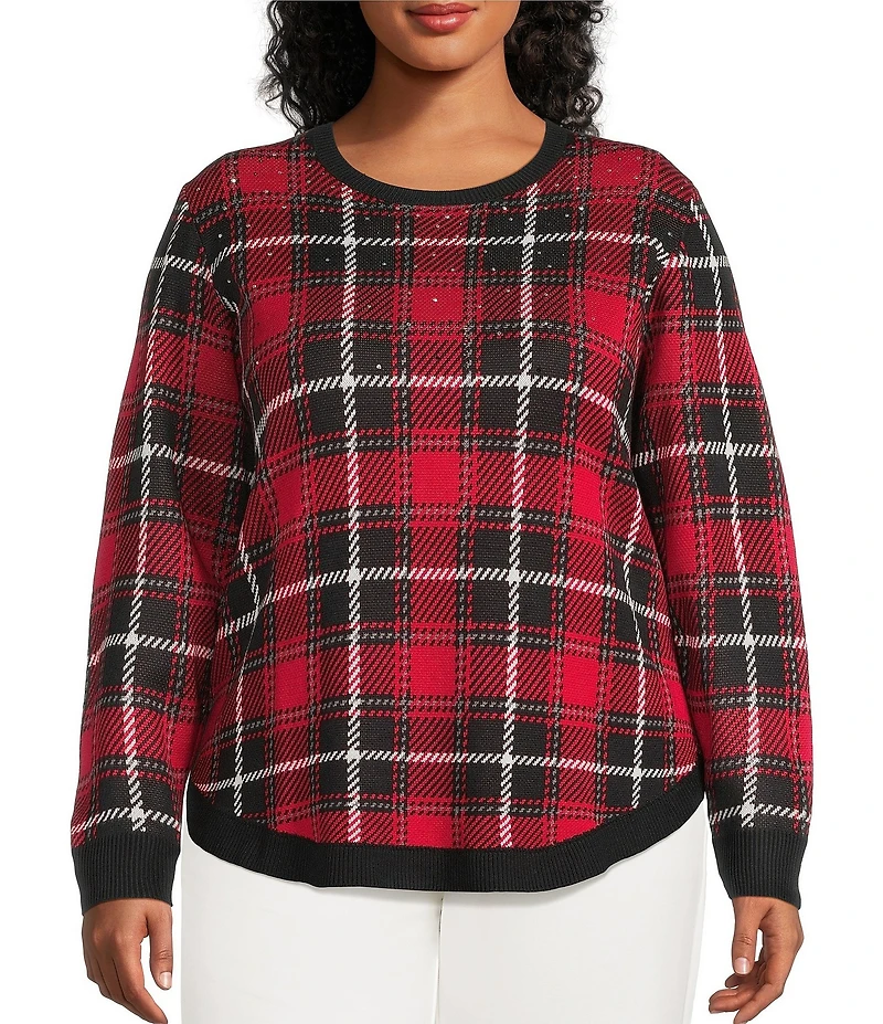 Allison Daley Plus Size Plaid Jacquard Long Sleeve Crew Neck Embellished Sweater