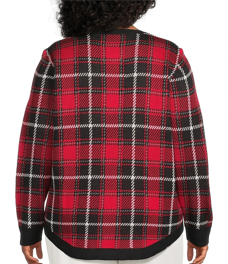 Allison Daley Plus Size Plaid Jacquard Long Sleeve Crew Neck Embellished Sweater