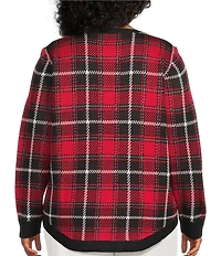 Allison Daley Plus Size Plaid Jacquard Long Sleeve Crew Neck Embellished Sweater