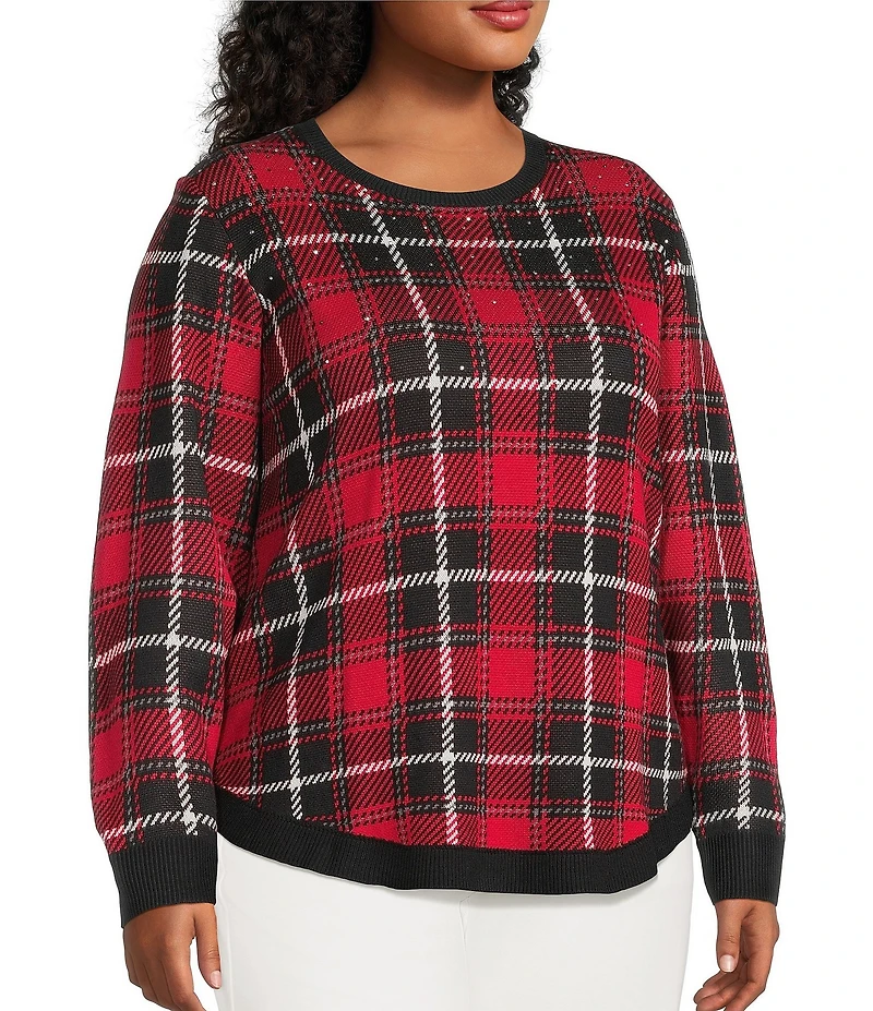 Allison Daley Plus Size Plaid Jacquard Long Sleeve Crew Neck Embellished Sweater