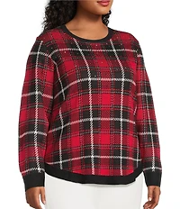 Allison Daley Plus Size Plaid Jacquard Long Sleeve Crew Neck Embellished Sweater