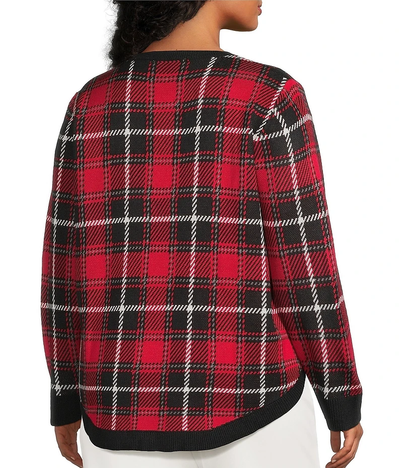 Allison Daley Plus Size Plaid Jacquard Long Sleeve Crew Neck Embellished Sweater