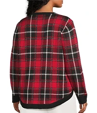 Allison Daley Plus Size Plaid Jacquard Long Sleeve Crew Neck Embellished Sweater