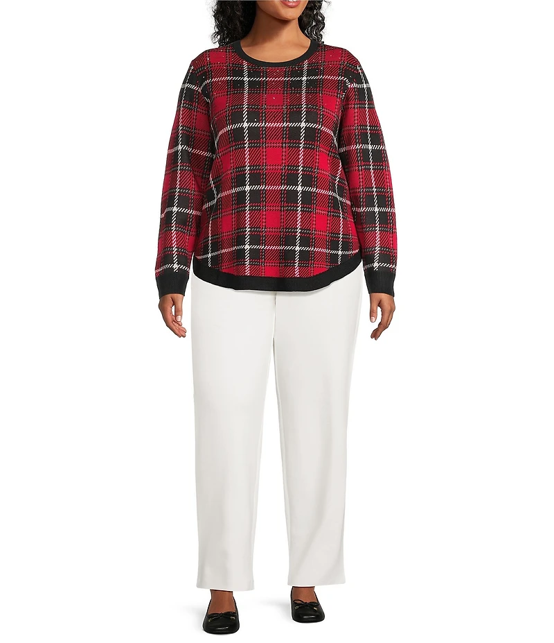 Allison Daley Plus Size Plaid Jacquard Long Sleeve Crew Neck Embellished Sweater