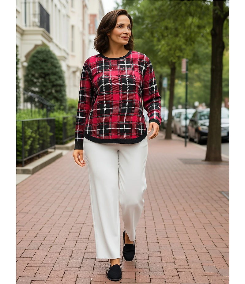 Allison Daley Plus Size Plaid Jacquard Long Sleeve Crew Neck Embellished Sweater