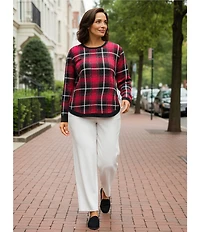 Allison Daley Plus Size Plaid Jacquard Long Sleeve Crew Neck Embellished Sweater