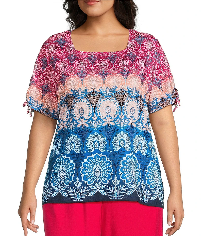 Allison Daley Plus Size Pomegranate Damask Floral Border Print Short Ruched Tie Sleeve Square Neck Knit Top