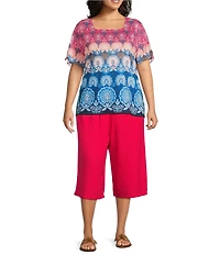 Allison Daley Plus Size Pomegranate Damask Floral Border Print Short Ruched Tie Sleeve Square Neck Knit Top