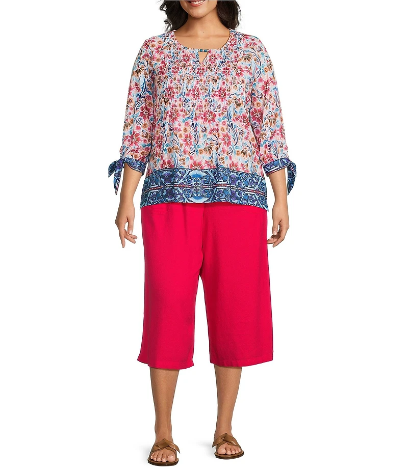 Allison Daley Plus Size Pomegranate Floral Vine Border 3/4 Tie Sleeve Keyhole Neck Knit Top
